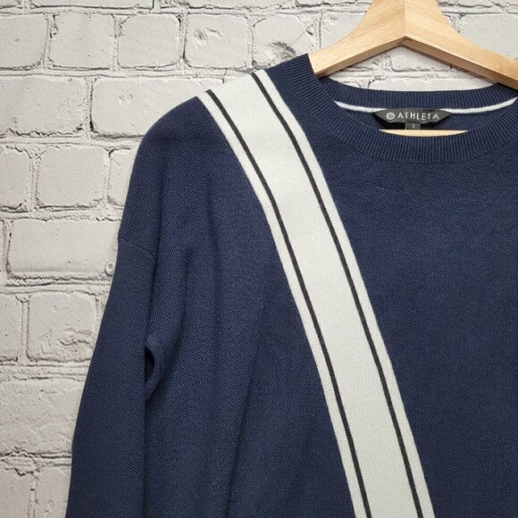 Athleta Streetwise Stripe Navy Blue Sweater With Coolmax & Thumbholes Size S - Picture 5 of 13